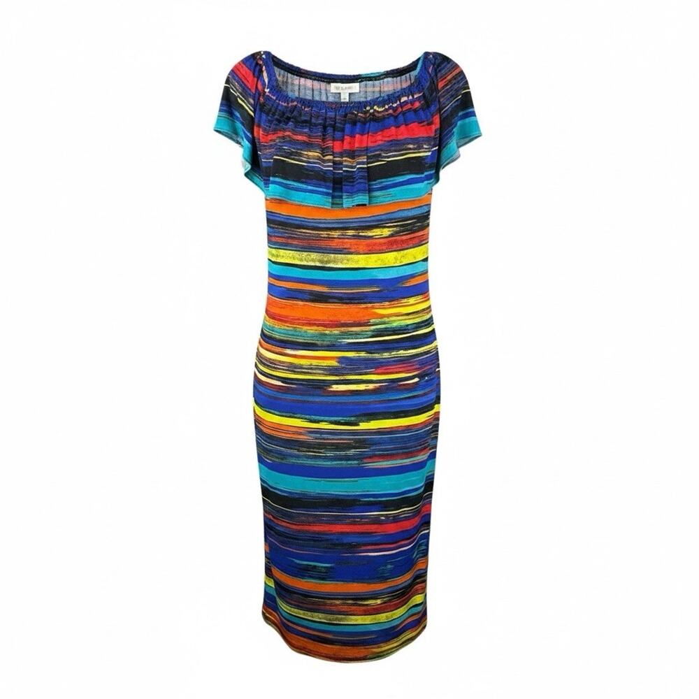 Joseph Ribkoff Size 10 Blue Abstract off shoulder midi Ruffle Casual Dress